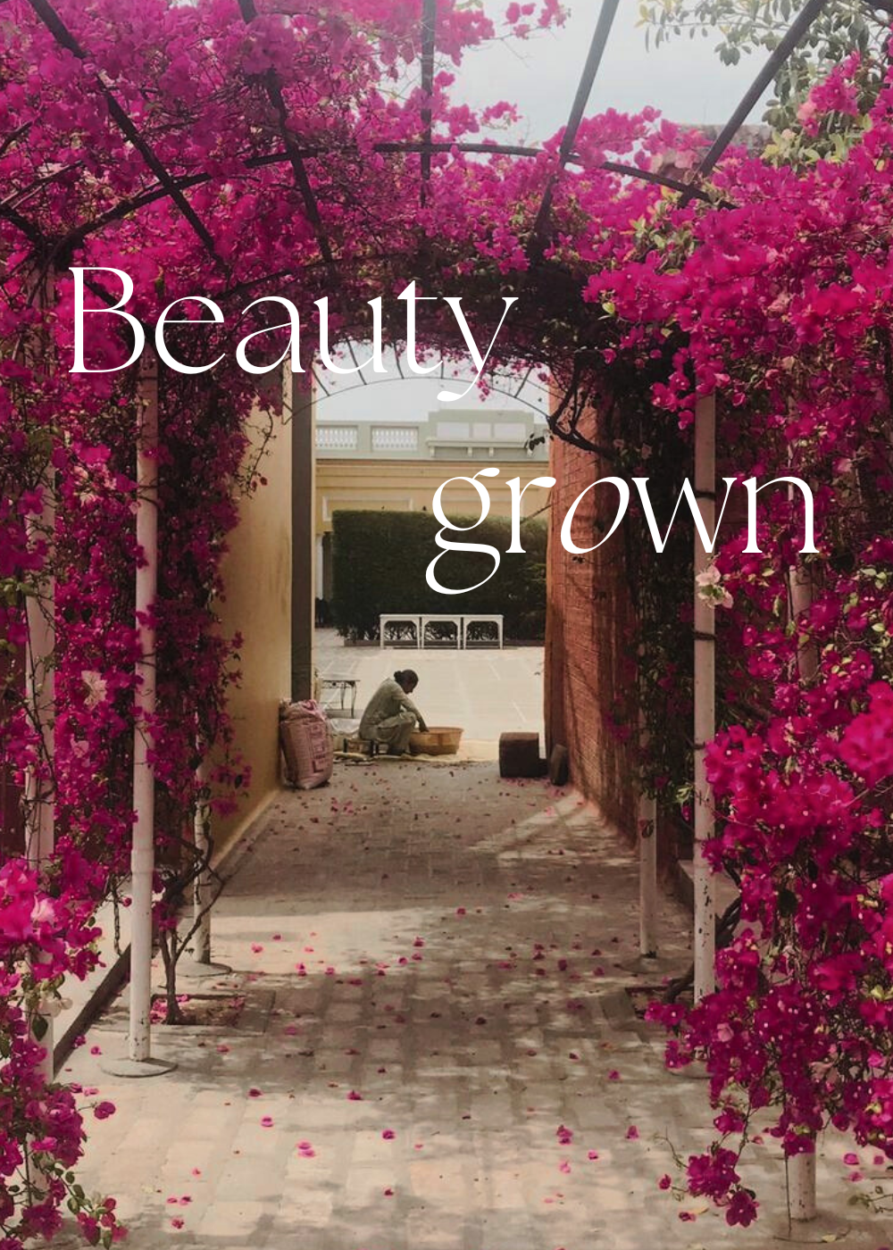 Beauty grown - is at the heart of Nurture by Anita. Image of a woman cleaning botanicals at farmhouse seen through pink beautiful boulevard flowers