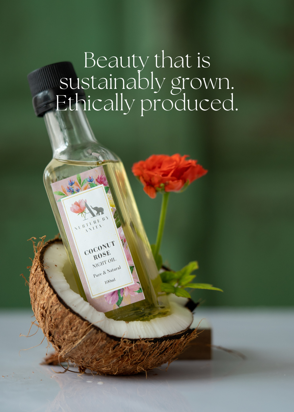 Beauty that is sustainably grown and ethically produced. Image of Nurture by Anit's coconut rose night oil for overnight skin repair. button action to explore the products