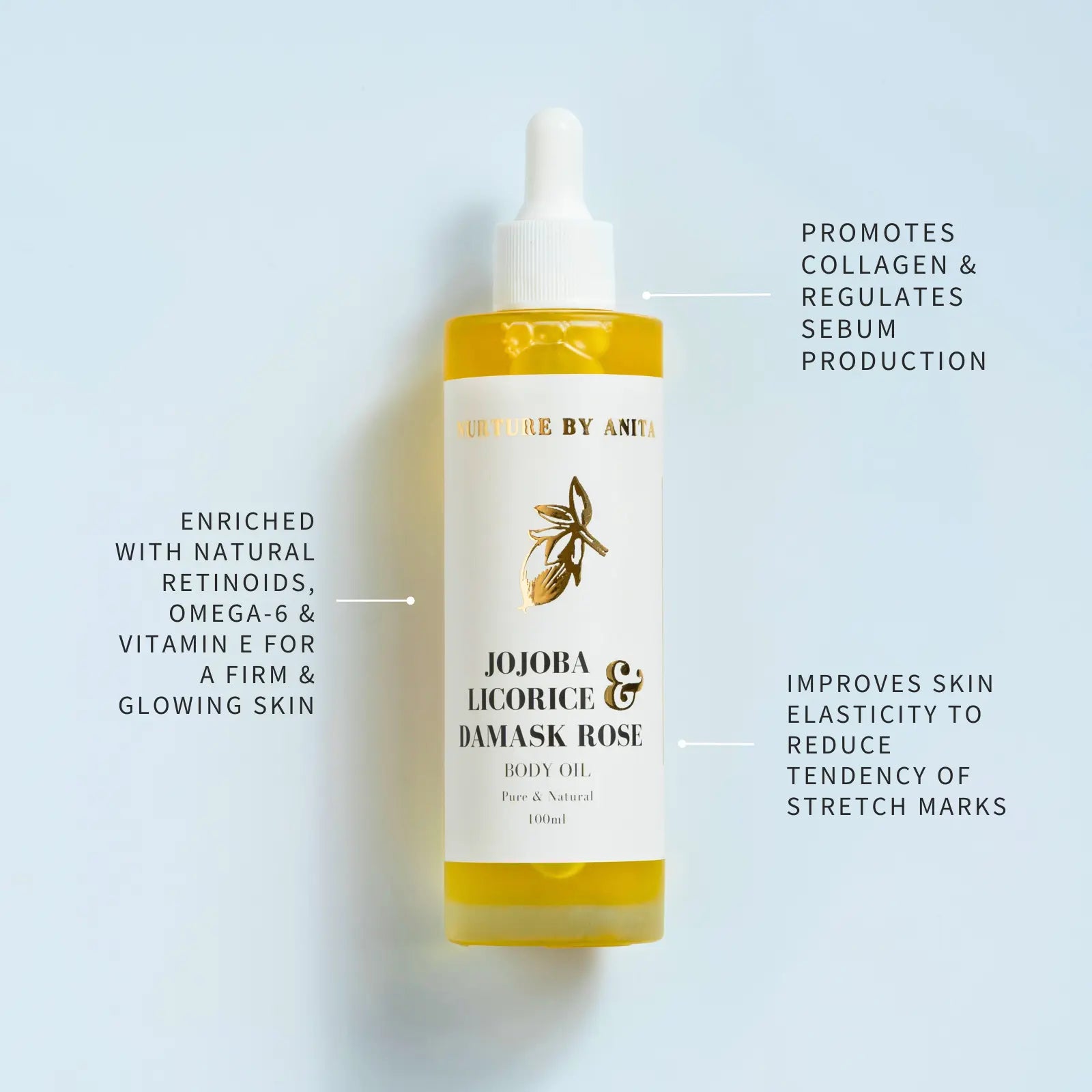 Jojoba Licorice & Damask Rose Body Oil - NURTURE BY ANITA - Golden Jojoba - Skin Barrier Repair - Collagen Boosting Oil - Post Shower Body Oil