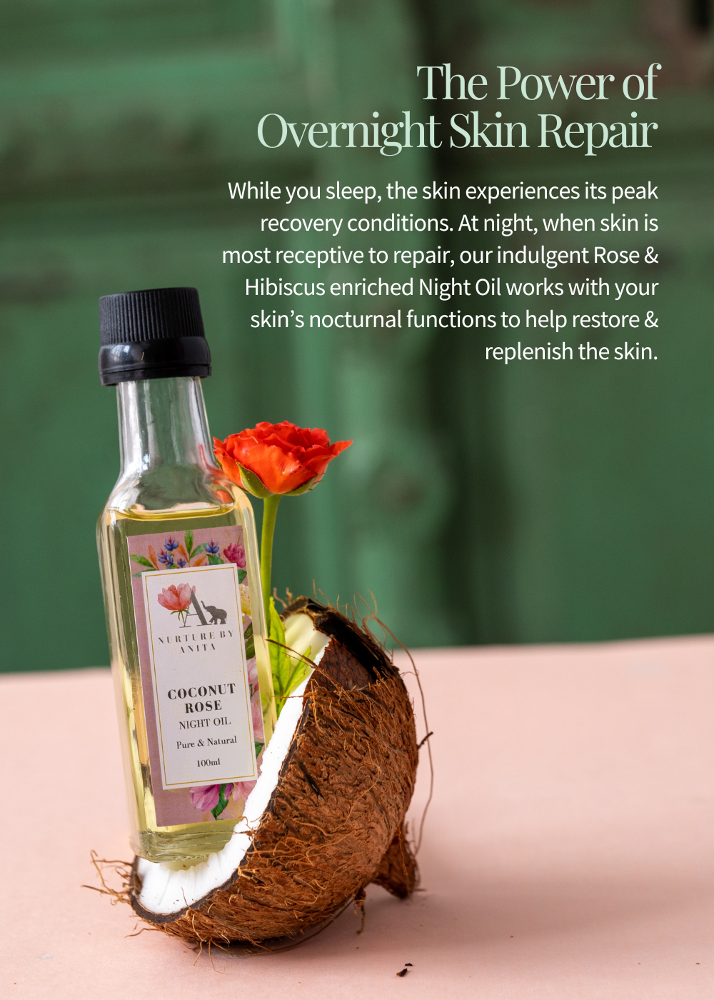 The Power of Overnight Skin Repair While you sleep, the skin experiences its peak recovery conditions. At night, when skin is most receptive to repair, our indulgent Rose & Hibiscus enriched Night Oil works with your skin’s nocturnal functions to help restore & replenish the skin.