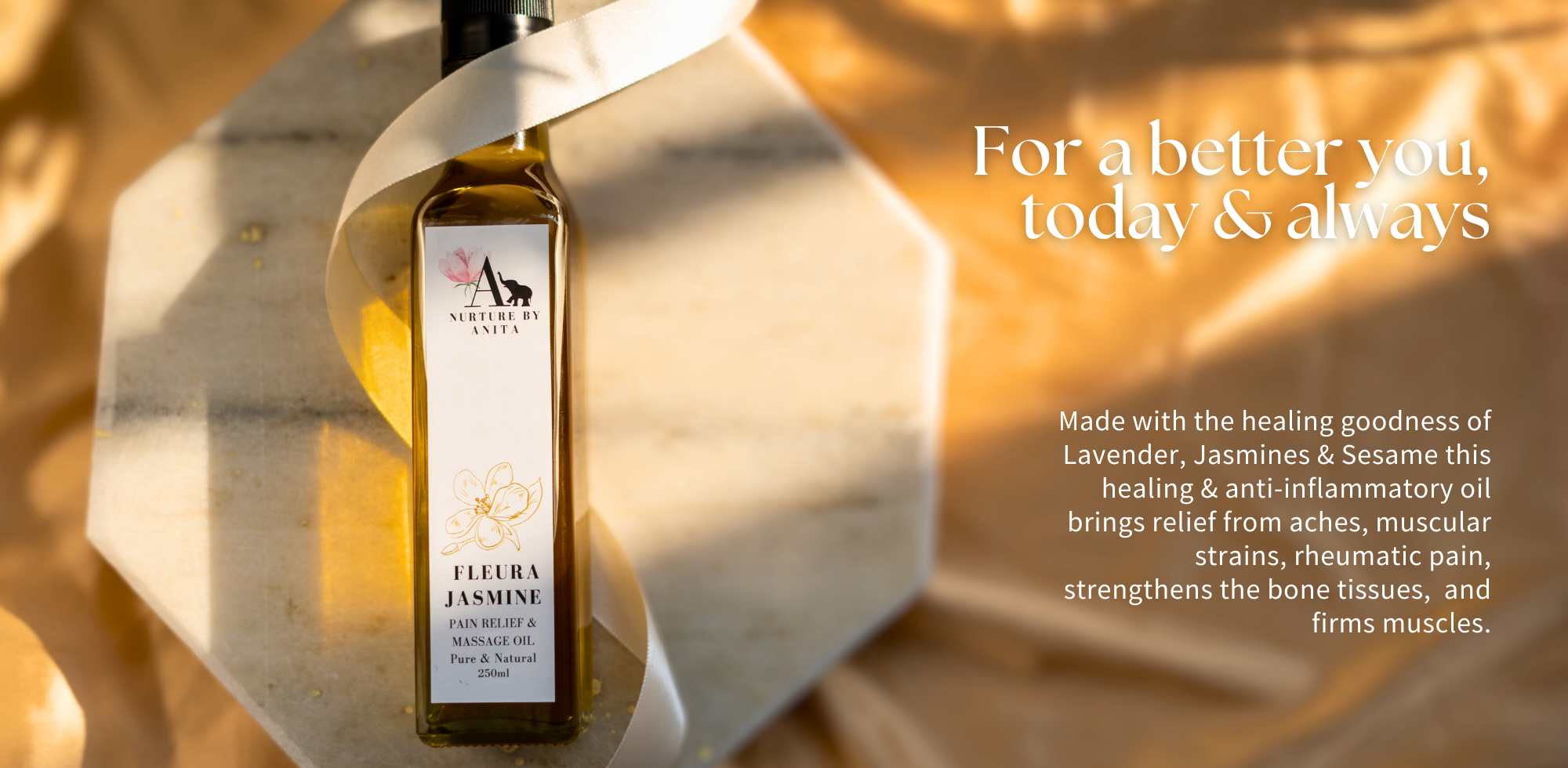 Made with the healing goodness of Lavender, Jasmines & Sesame this healing & anti-inflammatory oil brings relief from aches, muscular strains, rheumatic pain, strengthens the bone tissues,  and firms muscles.