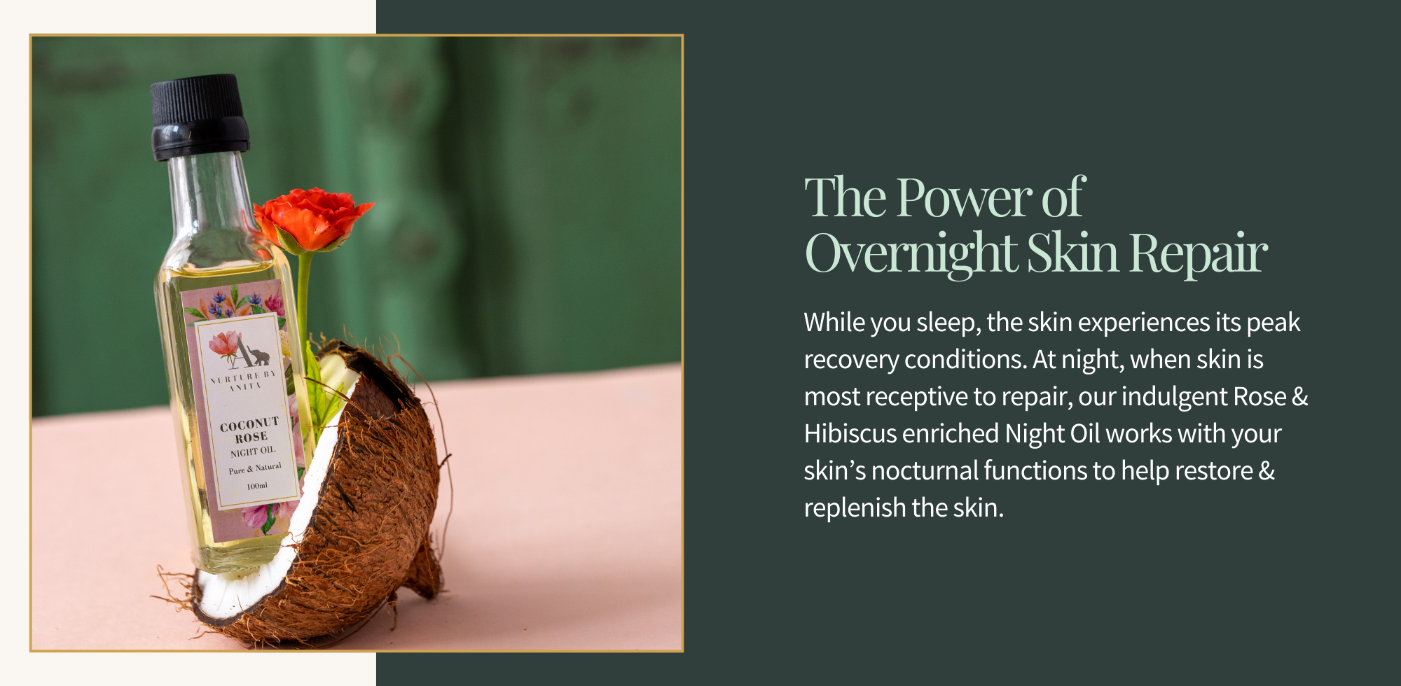 The Power of Overnight Skin Repair While you sleep, the skin experiences its peak recovery conditions. At night, when skin is most receptive to repair, our indulgent Rose & Hibiscus enriched Night Oil works with your skin’s nocturnal functions to help restore & replenish the skin.